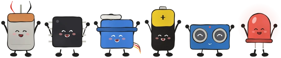 A motor, a chip, a servo, a battery, a sensor and an LED, all cheering